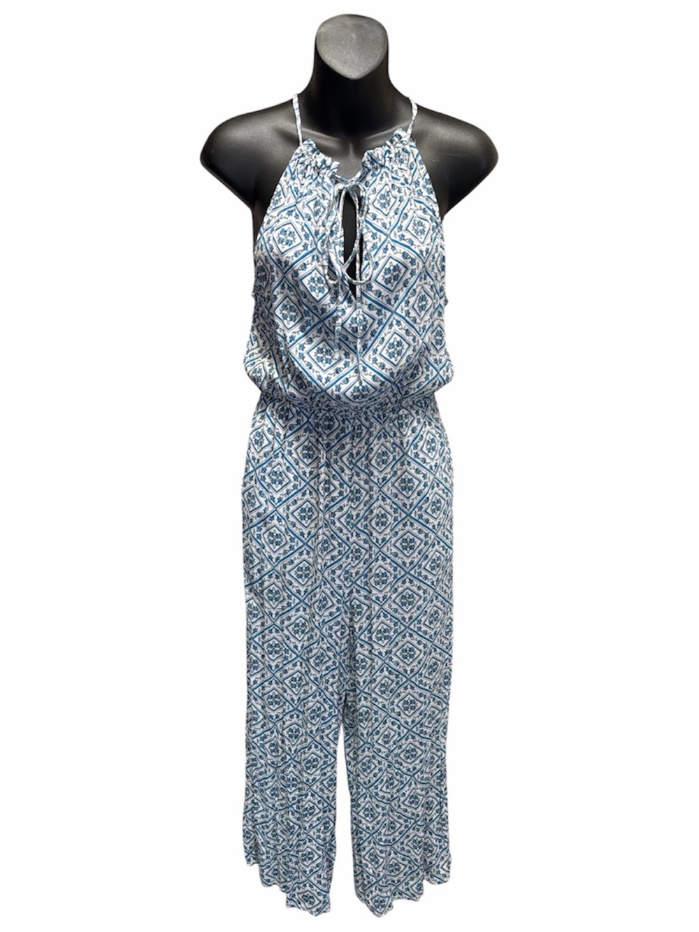 Sportgirl Sleeveless Blue Patterned Halter, Wide Leg Jumpsuit Size 8